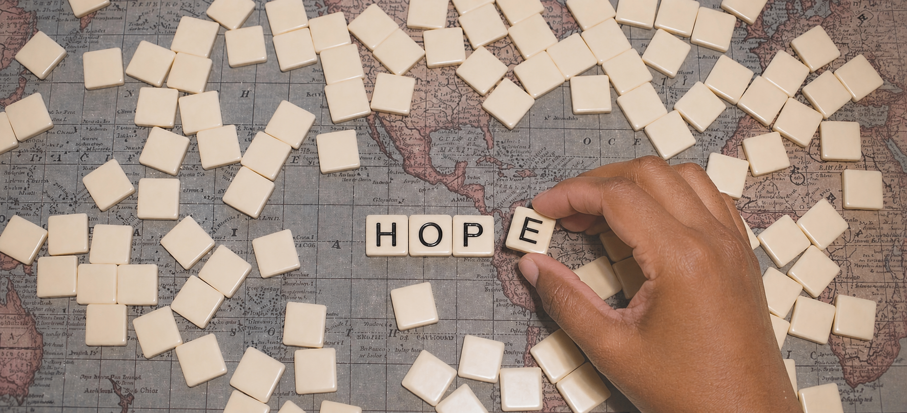 Scrabble tiles spelling HOPE on a vintage world map